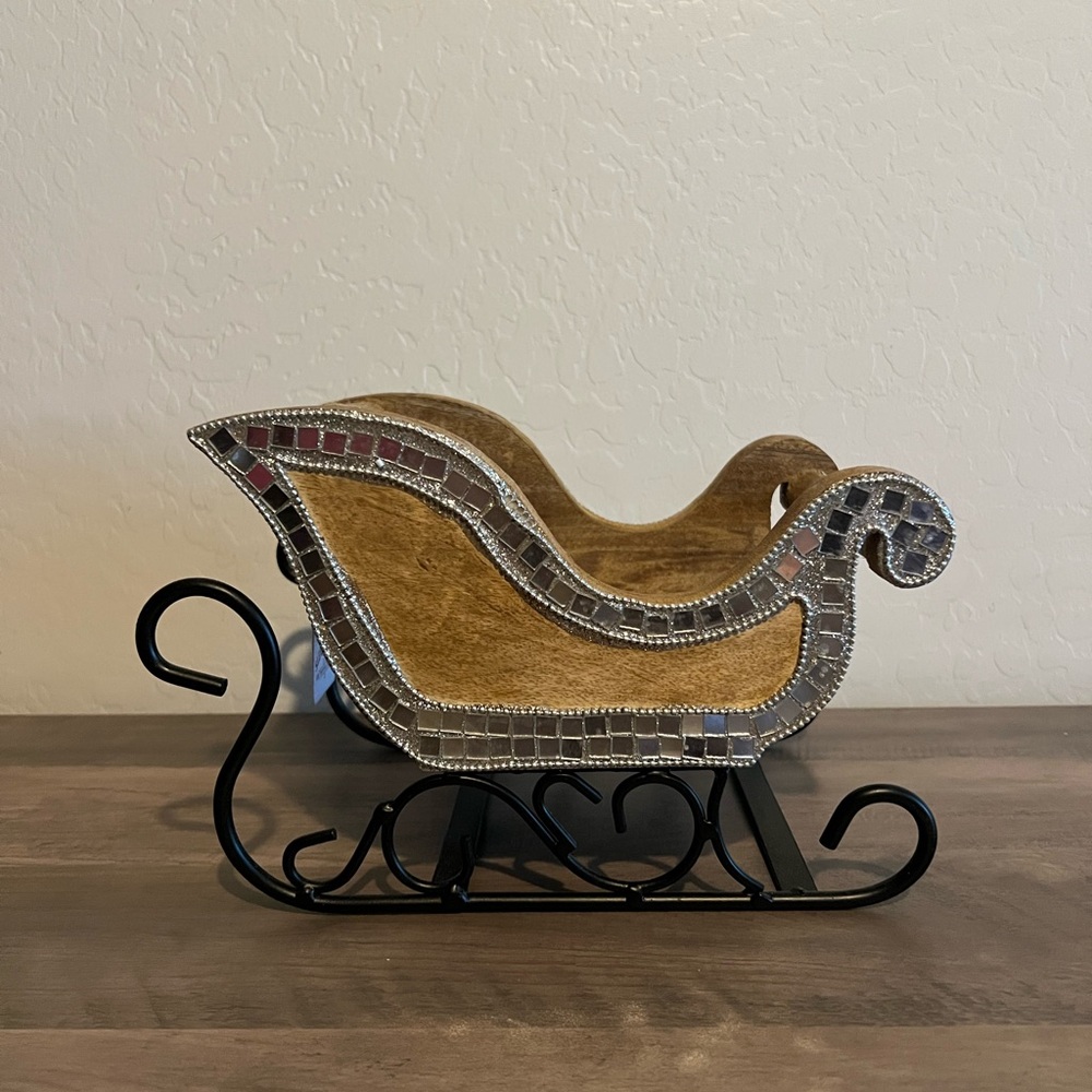 Sleigh Hill Wooden Santa Sleigh with Disco Mirror Ball Accents Christmas Decor